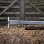 Weavecrest Hand Forged 1095 Steel War Sword | 38 Inch Overall with 30 Inch Broad Blade | Lattice Etched Fuller, Leather Grip and Fitted Brown Scabbard | Knight Collector Gift | RK-1966