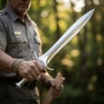 Leaf blade short sword with downswept engraved crossguard and ribbed pale grip held up by a man in a sunlit forest