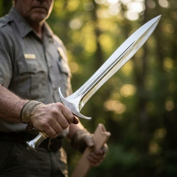 Leaf blade short sword with downswept engraved crossguard and ribbed pale grip held up by a man in a sunlit forest