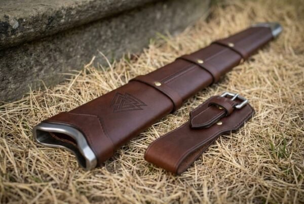 Leather sword scabbard with stamped Valknut at the steel throat lying on straw grass next to a separate belt frog