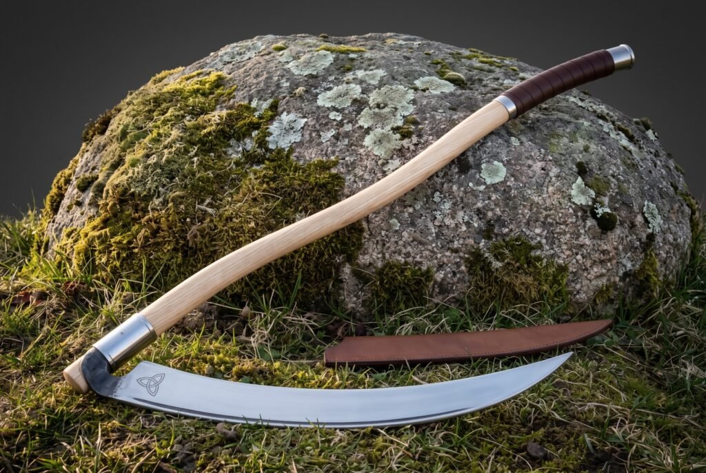 Long ash hafted war scythe with a sweeping polished steel blade and triquetra etching leaning against a lichen covered boulder on open grass