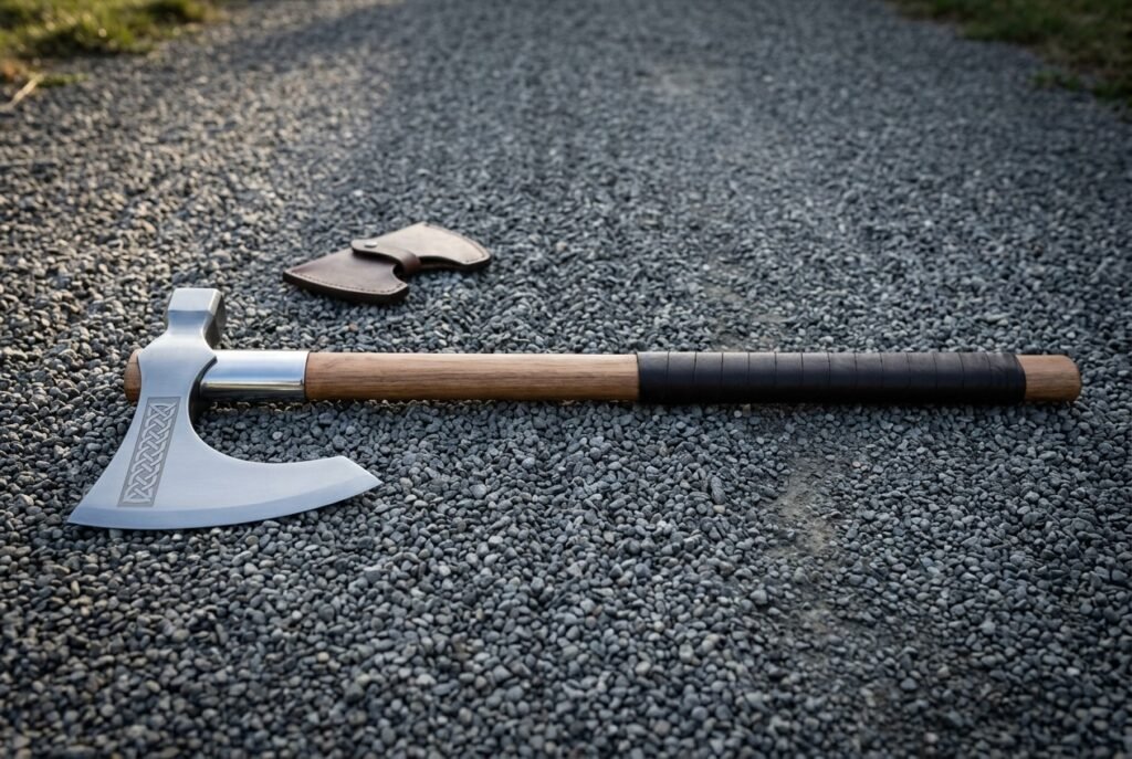 Long hafted Dane axe with a sweeping bearded head in polished steel and cut knotwork, lying on grey gravel beside a brown leather edge guard
