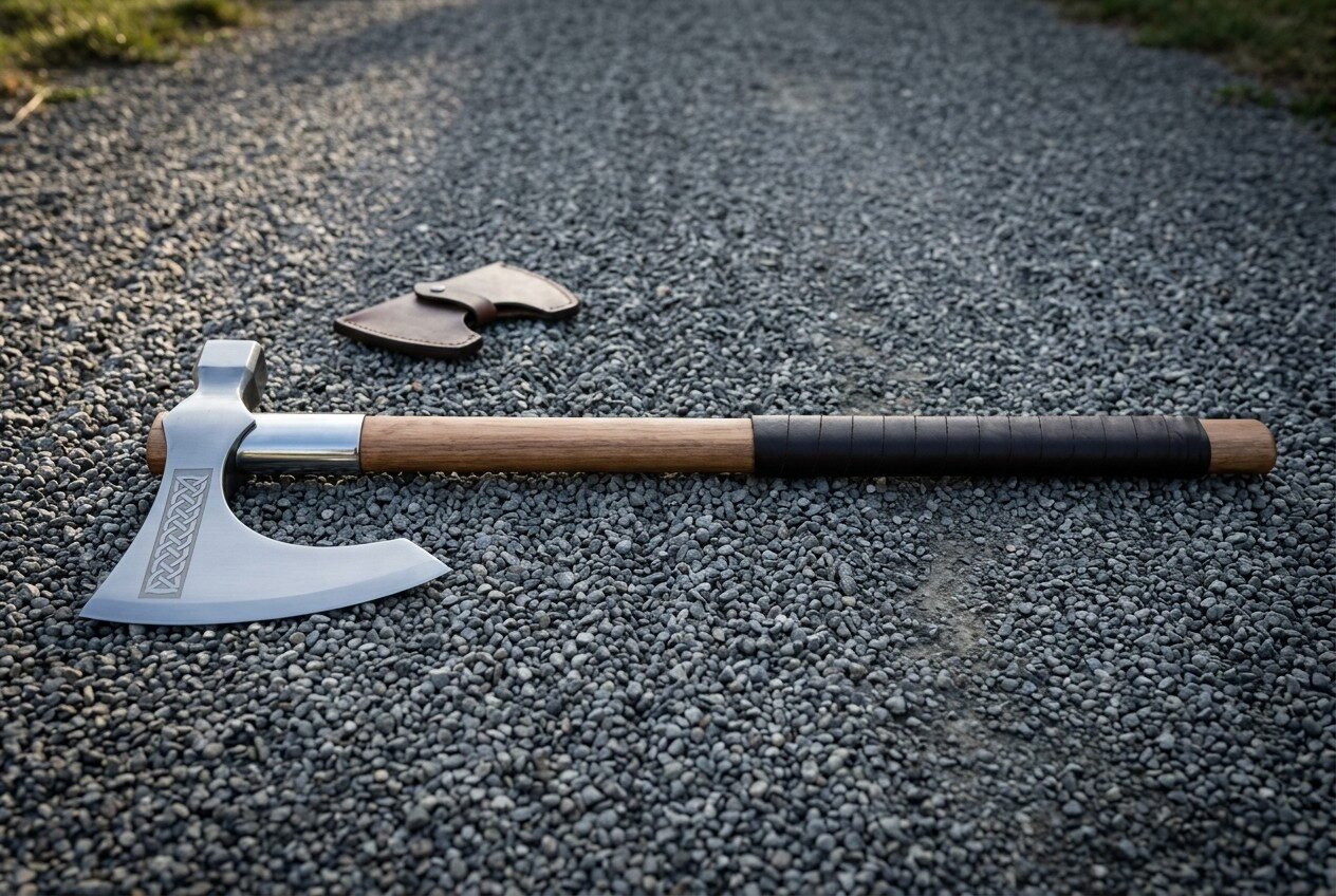 Long hafted Dane axe with a sweeping bearded head in polished steel and cut knotwork, lying on grey gravel beside a brow Long hafted Dane axe with a sweeping bearded head in polished steel and cut knotwork, lying on grey gravel beside a brown leather edge guard