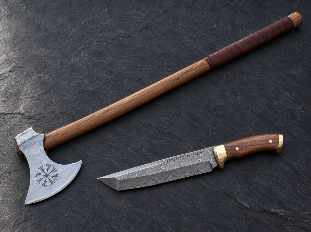 Long handled Viking axe with a Vegvisir engraved head beside a Damascus tanto knife with runes etched along the spine on dark slate