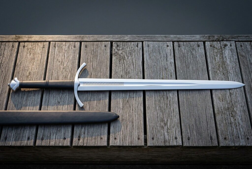Long medieval arming sword in hand forged 1095 steel with a downswept crossguard and etched fuller panel laid across grey weathered decking boards