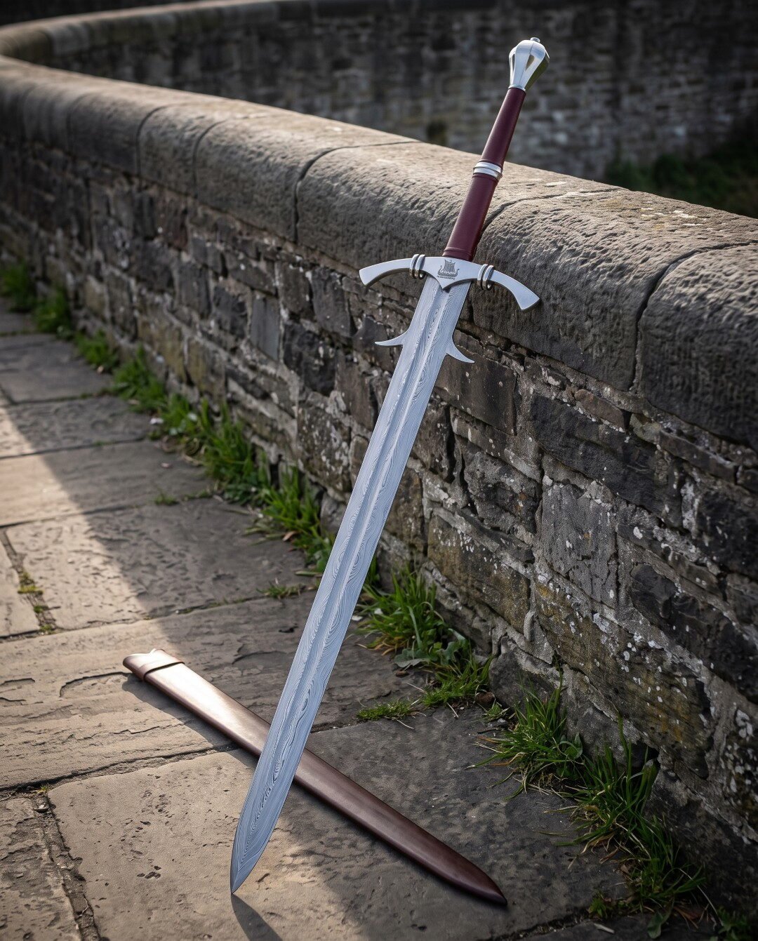 Longship etched damascus longsword with a barbed guard, twin parrying rings, burgundy leather grip, fluted crown pommel Longship etched damascus longsword with a barbed guard, twin parrying rings, burgundy leather grip, fluted crown pommel and leather scabbard against an old stone wall