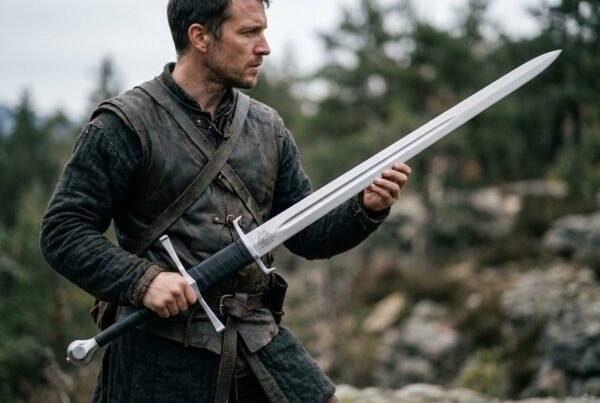 Longsword with etched Valknut, hooked twin guards and black leather grip held by a man on a rocky hillside