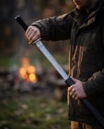 Man drawing a straight Damascus ninjato from its black scabbard, triple spiral collar visible, beside a campfire