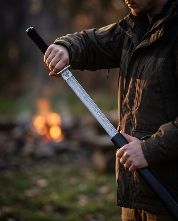 Man drawing a straight Damascus ninjato from its black scabbard, triple spiral collar visible, beside a campfire