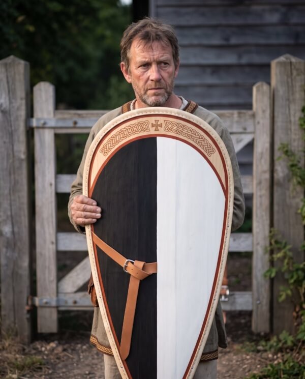 Man holding a black and white Norman kite shield with leather straps in front of a wooden farm gate