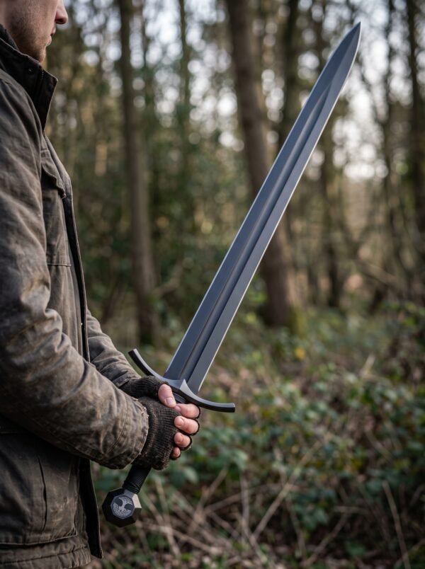 Man holding a blackened steel sword with curved crossguard and tree pommel point up in a winter woodland
