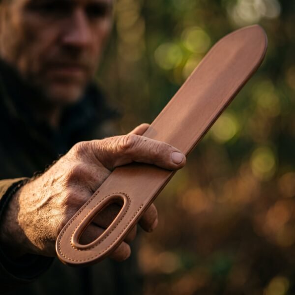 Man holding a brown leather dussack trainer by its cut through hand hole against a blurred green woodland