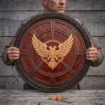 Man holding a carved wood round shield with double headed eagle and dark scroll carved rim in front of his chest