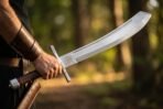 Man holding a curved falchion with engraved valknut and brown leather grip in a sunlit forest, scabbard at his side