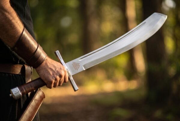Man holding a curved falchion with engraved valknut and brown leather grip in a sunlit forest, scabbard at his side