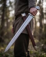 Man holding a Damascus steel Viking sword with lobed pommel, brown leather scabbard with steel chape on his belt