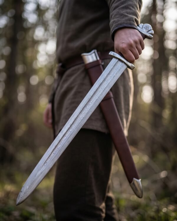 Man holding a Damascus steel Viking sword with lobed pommel, brown leather scabbard with steel chape on his belt