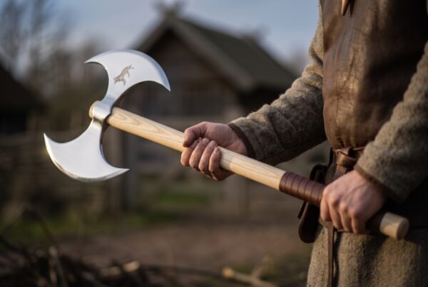 Man holding a double headed Viking axe with etched beast motif and leather wrapped ash haft beside a turf roofed house