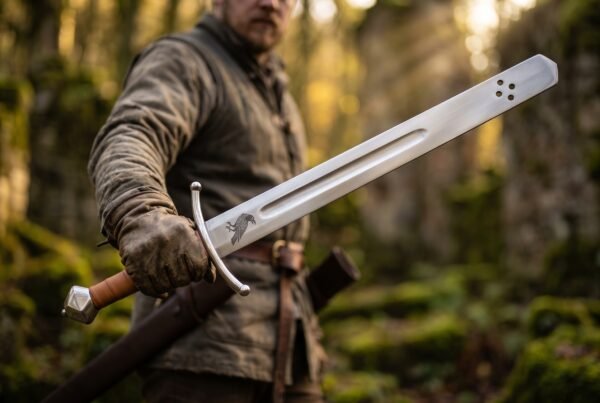 Man holding a steel falchion with etched raven, wide fuller and three holes near the tip in a sunlit forest