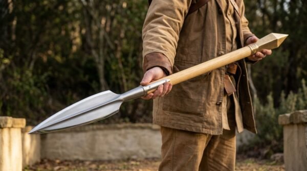 Man holding a Viking spear with leaf shaped steel head forward on a pale ash haft in a walled garden