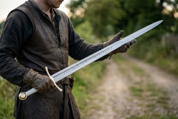 Man in a dark tunic holding a Norse sword with bone white grip and runes along the blade on a country track