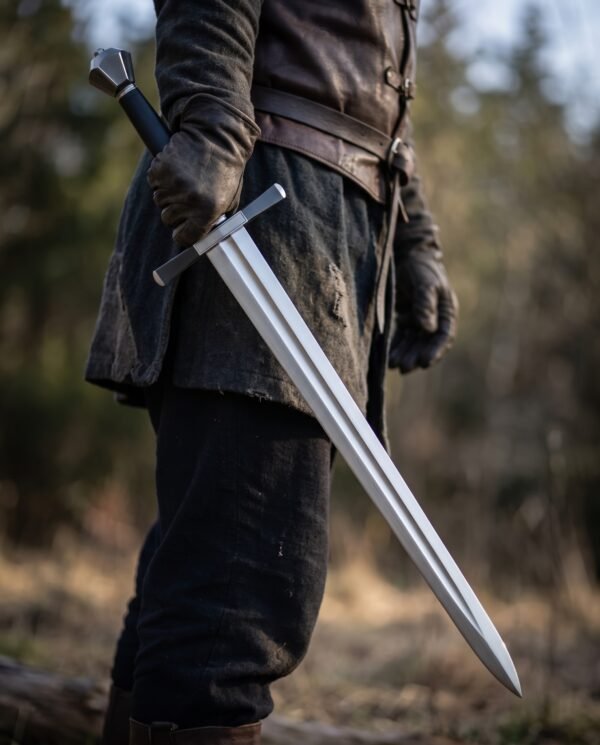 Man in a dark tunic holding a steel longsword point down by the grip, faceted pommel and straight crossguard
