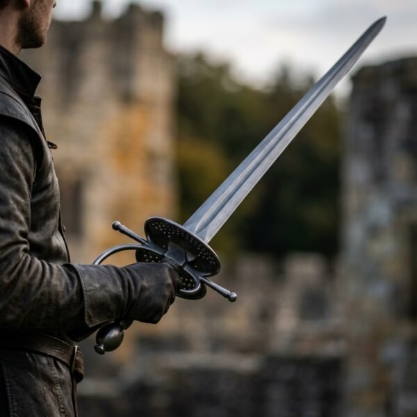 Man in a leather coat holding a blackened smallsword with pierced shell guard and wire grip beside castle ruins