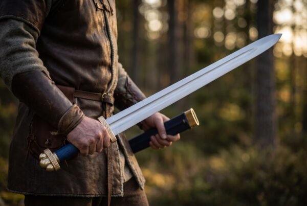 Man in a leather tunic holding a Viking arming sword with blue grip and brass guard, blue scabbard in the other hand