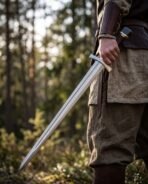 Man in linen tunic holding a Viking arming sword point down, polished blade and leather wrapped grip at his side