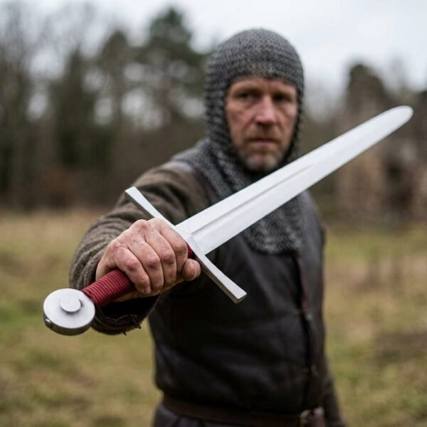 Man in a mail hood holding out a blunt steel arming sword with wheel pommel and red cord grip