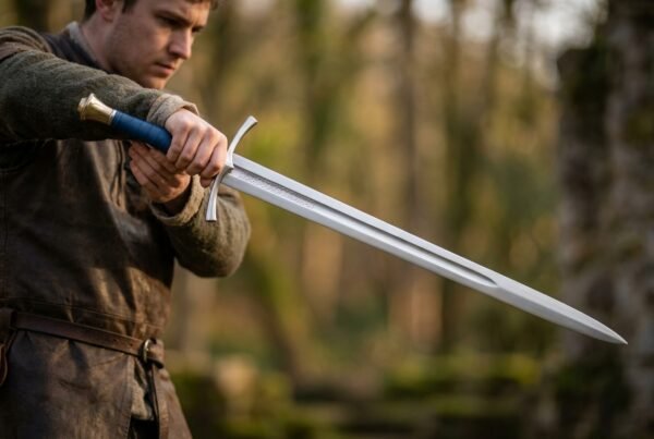 Man in a wool tunic holding a steel sword with blue leather grip and brass pommel out at arm's length in a forest