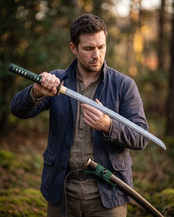 Man inspecting a Damascus steel katana with green cord wrapped handle and dark tsuba, its wooden saya at his belt