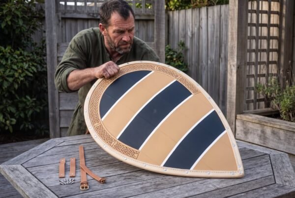 Man lifting a teardrop kite shield with navy stripes and riveted rawhide edge off a wooden garden table beside its straps