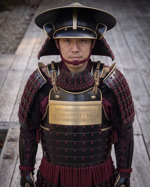 Man wearing black lacquered samurai armour with crimson lacing, brass breast plaque and wide jingasa hat, front view