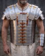 Man wearing a steel banded Roman cuirass with rune engraved chest plate, brass hinges and brown leather buckles