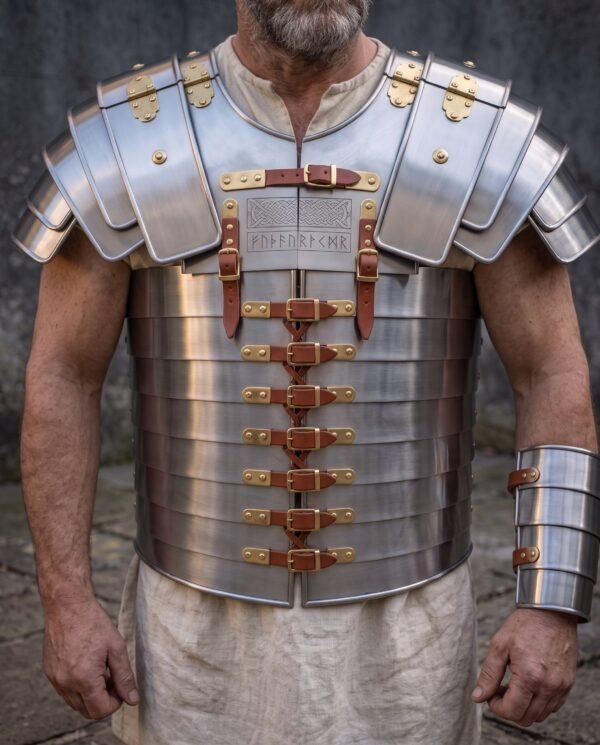 Man wearing a steel banded Roman cuirass with rune engraved chest plate, brass hinges and brown leather buckles