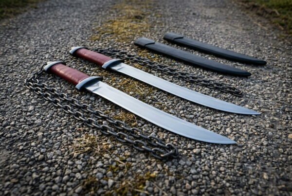 Matched chain sword pair in hand forged 1095 steel with ring pommels, blackened chains and oxblood leather grips laid out on a gravel path