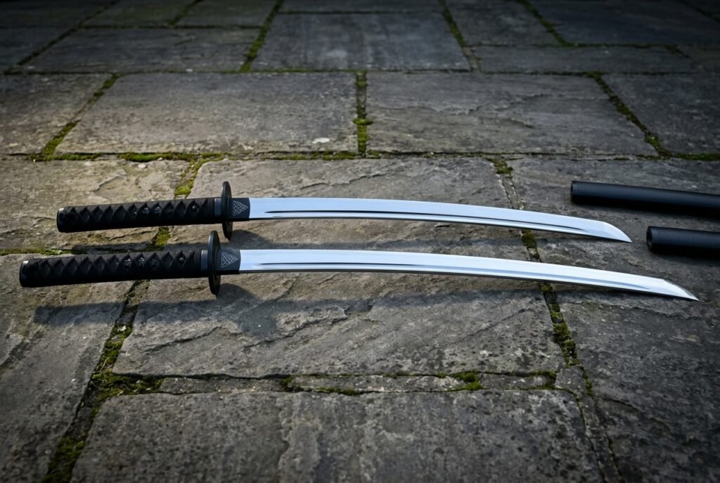 Matched katana and wakizashi daisho sword set with black cord wrapped hilts and polished steel blades resting on a flagstone courtyard beside two black lacquered scabbards