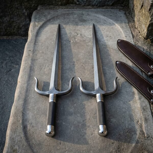 Matched pair of damascus sai daggers with upswept prongs and knurled black grips laid on a carved stone slab beside two brown leather sheaths