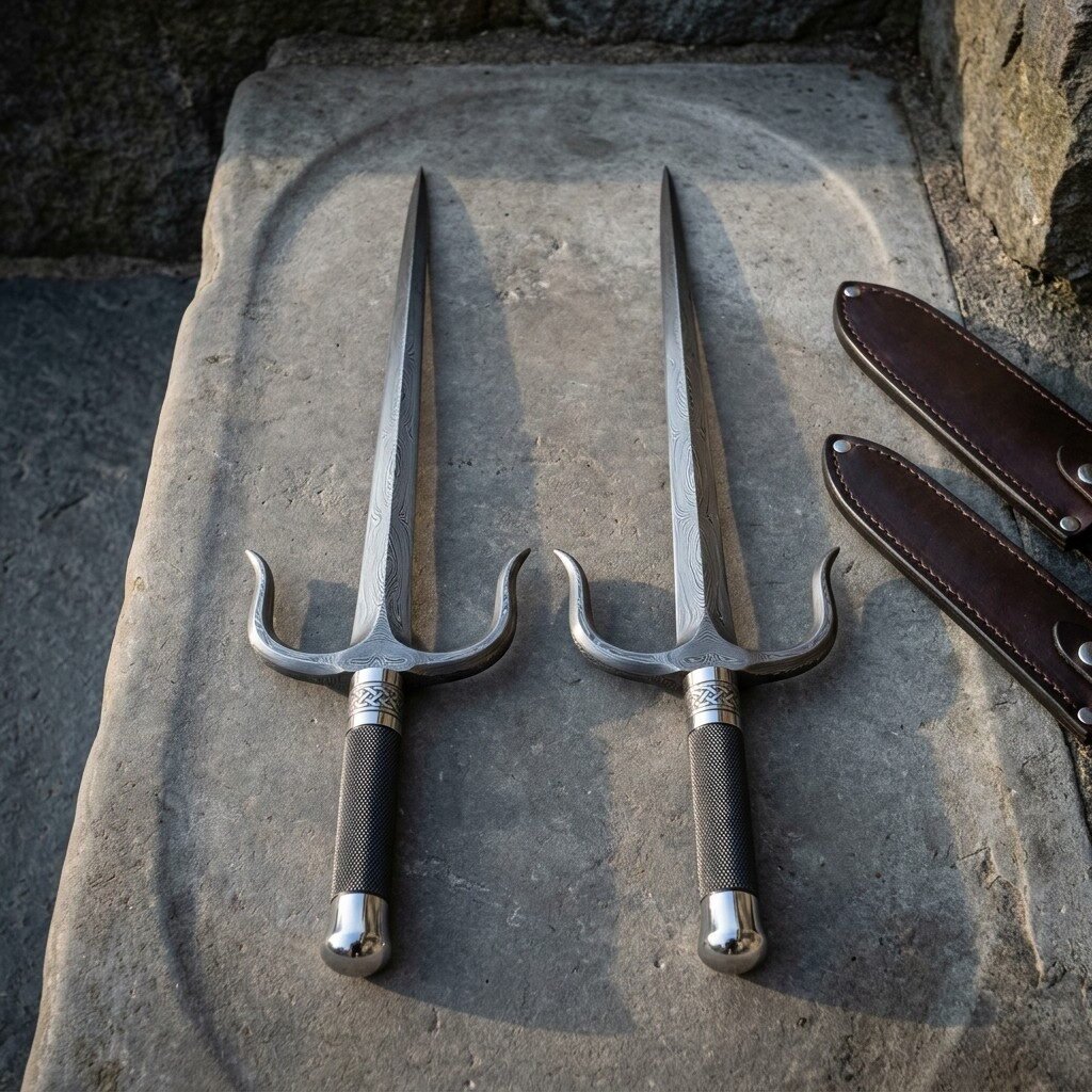 Matched pair of damascus sai daggers with upswept prongs and knurled black grips laid on a carved stone slab beside two Matched pair of damascus sai daggers with upswept prongs and knurled black grips laid on a carved stone slab beside two brown leather sheaths