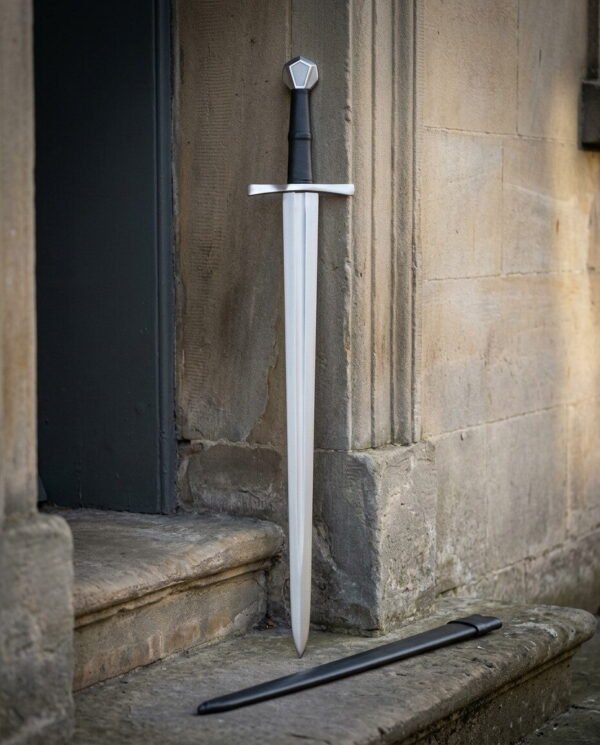 Greyward Hand Forged 1095 Steel Medieval Arming Sword | Fullered Double Edged Blade | Faceted Steel Pommel and Ribbed Black Leather Grip | Knight Collector Gift | RK-1795