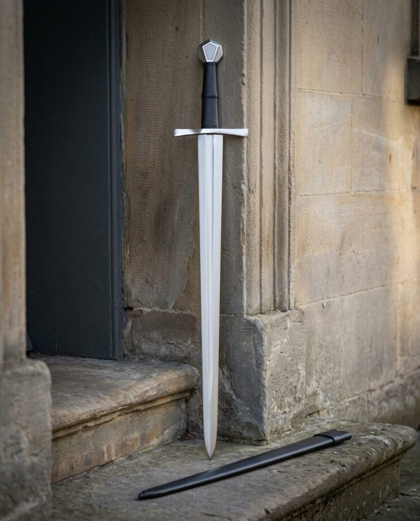 Medieval arming sword in hand forged 1095 steel with a faceted pommel and ribbed black leather grip standing in an old stone doorway