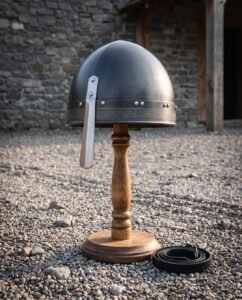 Medieval helmet with a rounded steel skull, riveted nasal bar and an engraved knotwork browband, displayed on a turned wooden stand beside a black chin strap.