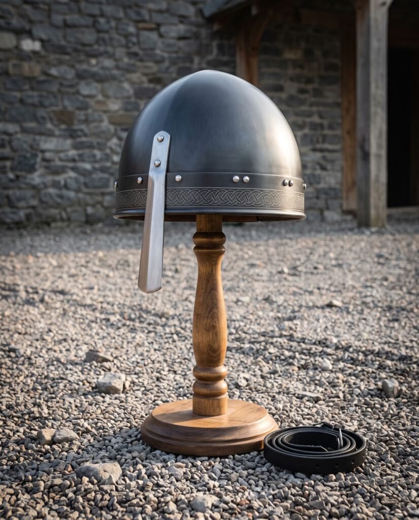 Medieval helmet with a rounded steel skull, riveted nasal bar and an engraved knotwork browband, displayed on a turned wooden stand beside a black chin strap.