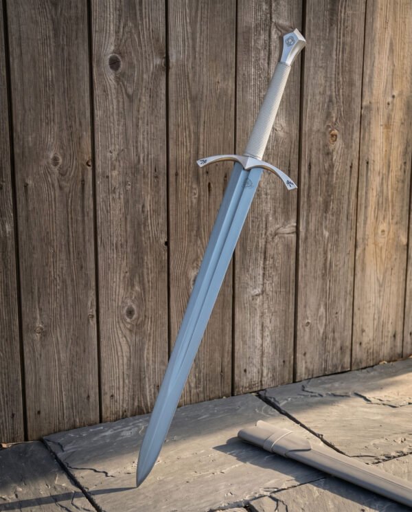 Medieval longsword in satin polished 1095 steel with an arched crossguard and knot engraved shield pommel standing upright against a weathered timber plank door