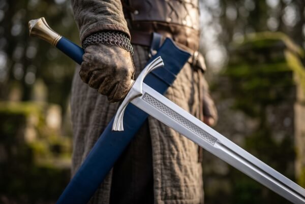 Medieval longsword with etched ricasso and curved steel guard held beside a blue leather scabbard in a forest