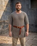 Mild steel chainmail hauberk with short sleeves and a thigh length skirt worn over a tunic with a brown leather belt in a stone courtyard