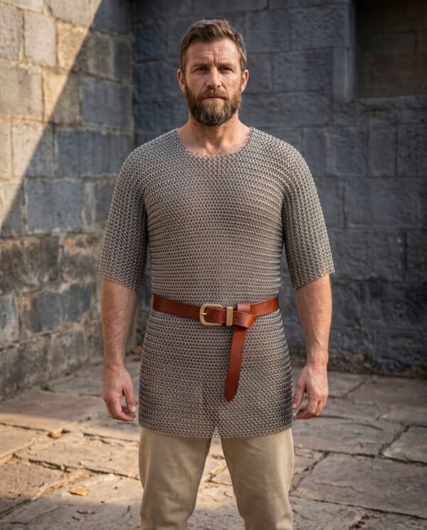 Mild steel chainmail hauberk with short sleeves and a thigh length skirt worn over a tunic with a brown leather belt in a stone courtyard