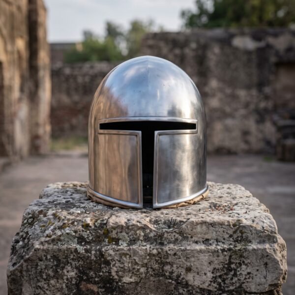 Mirror finished steel helmet replica standing on a lichen covered stone block in a ruined courtyard, T shaped visor slot and padded liner visible below the rim