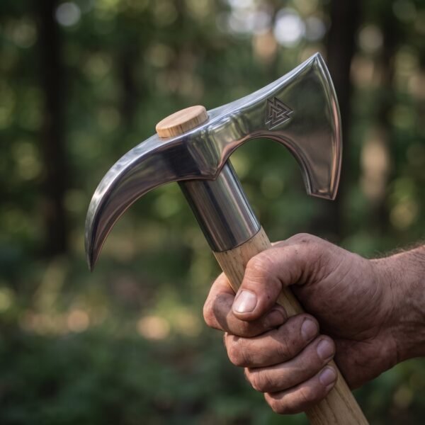 Mirror polished bearded axe with an engraved valknut and pale ash haft gripped in one hand in a sunlit forest
